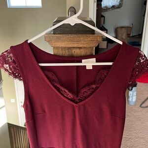 Maroon dress with lace sleeve caps